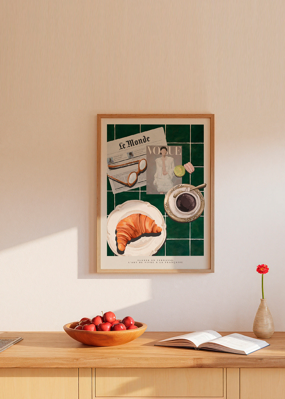 Arte para cozinha com croissant e café