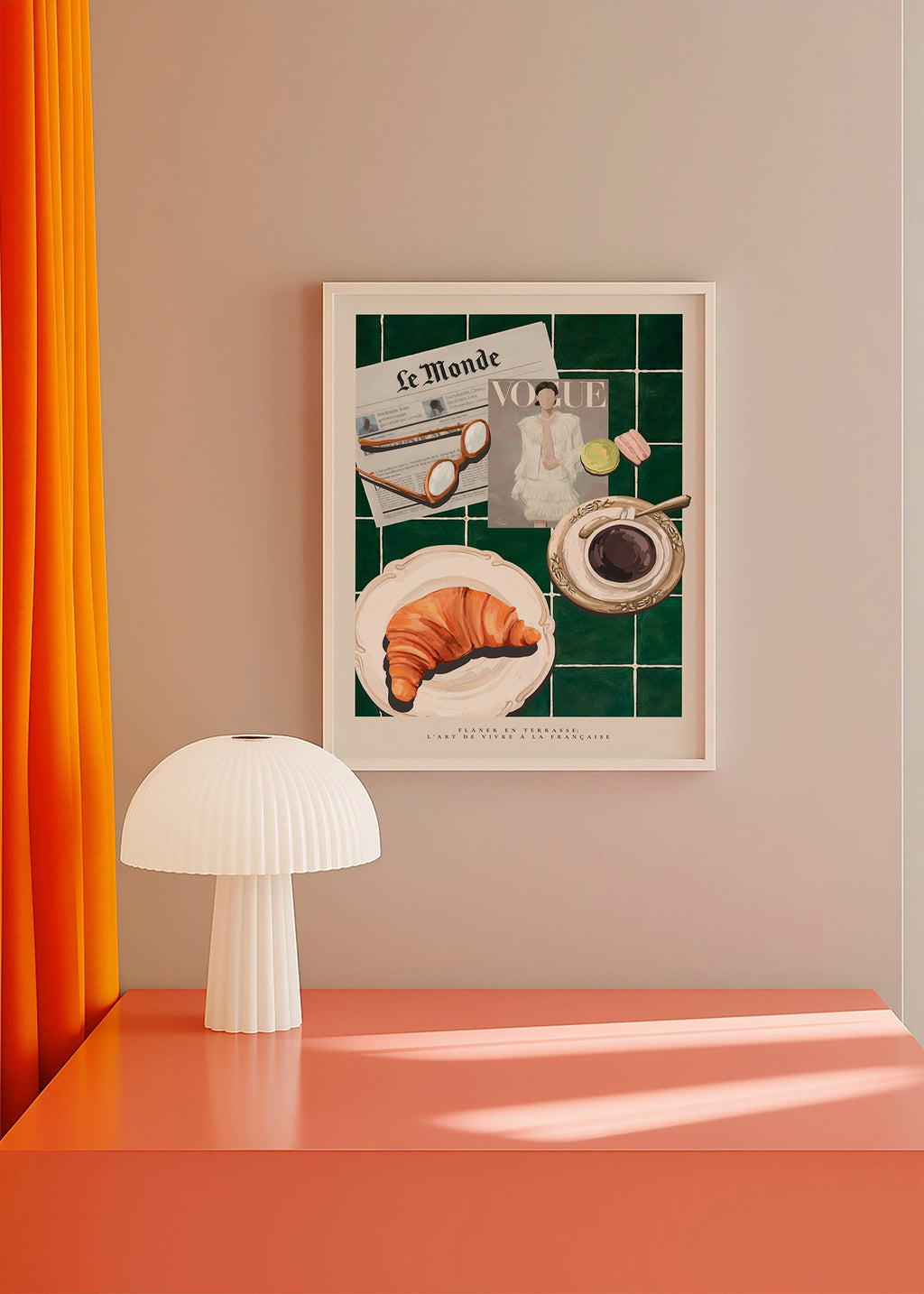 Arte para cozinha com croissant e café