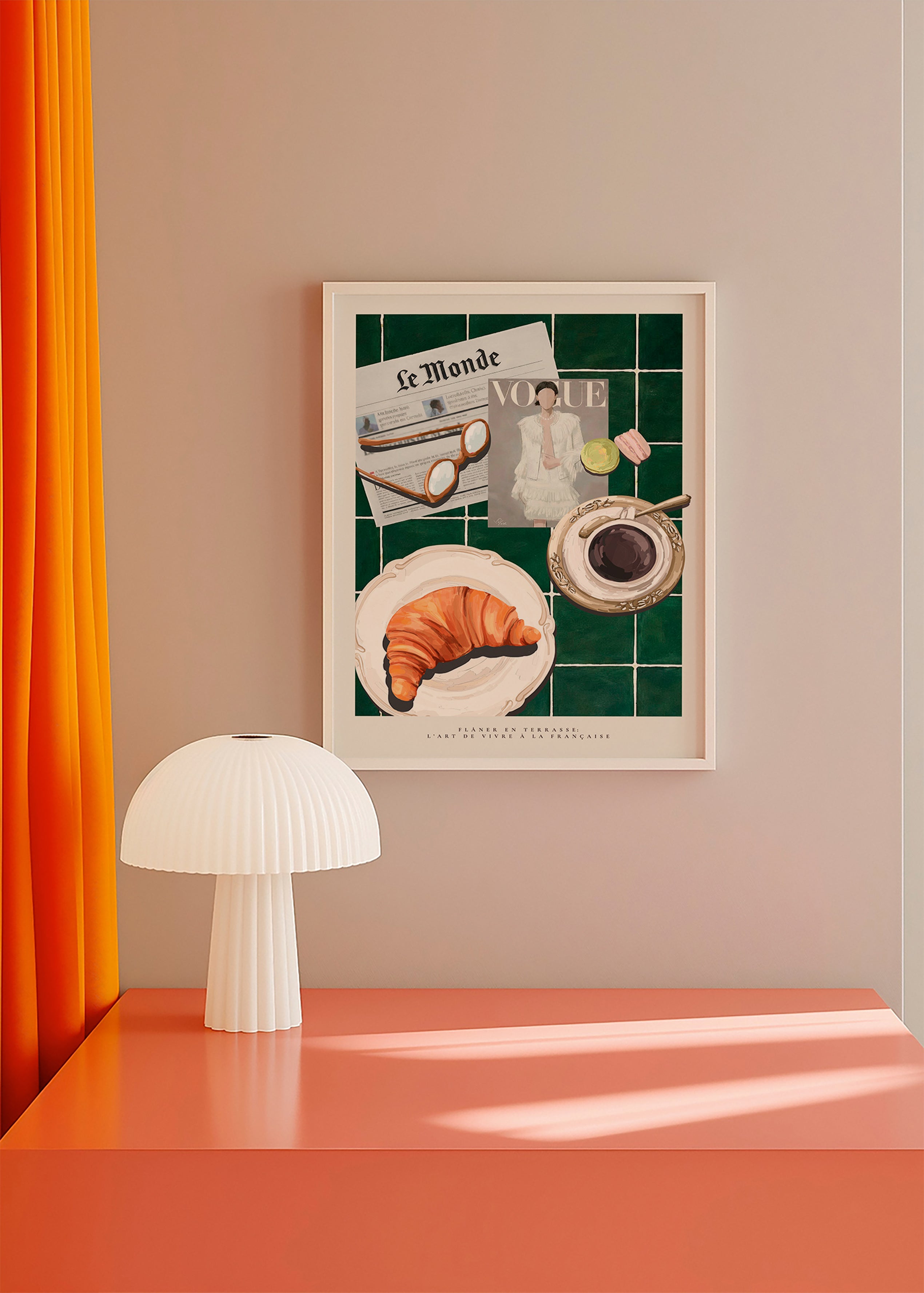 Arte para cozinha com croissant e café