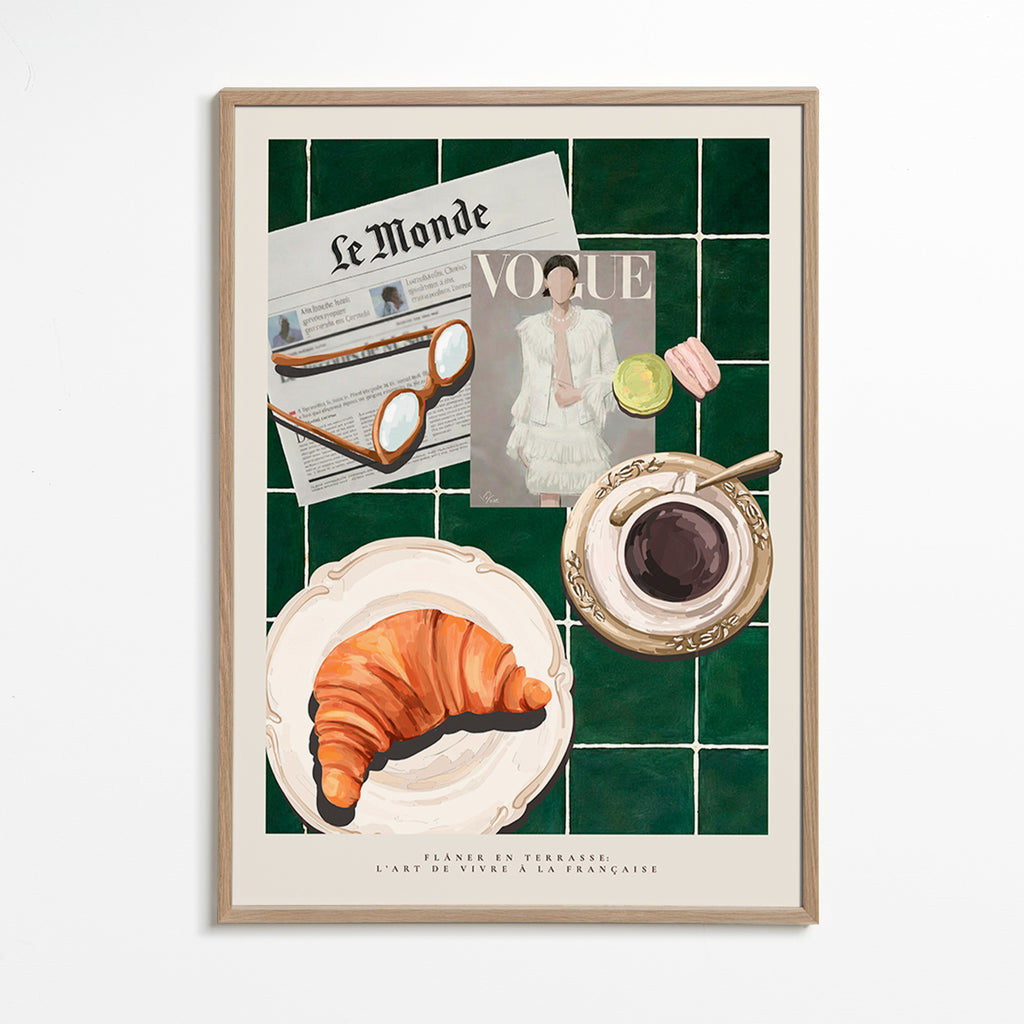 Arte para cozinha com croissant e café