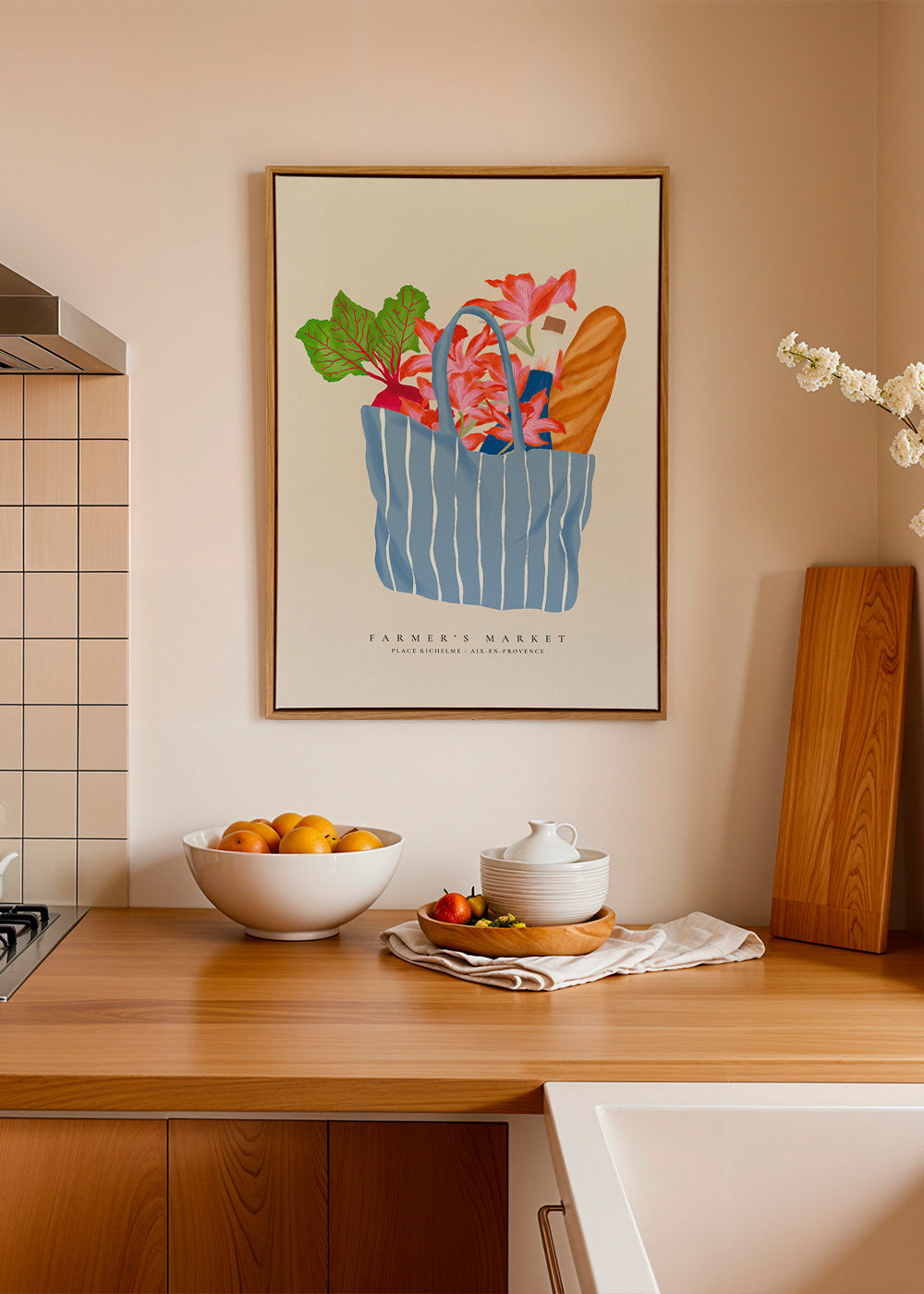 Arte para cozinha com ilustração de sacola de mercado