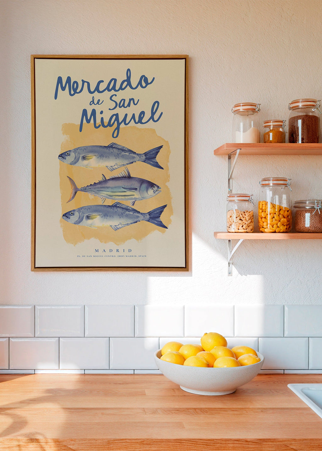 Arte para cozinha Mercado de San Miguel com peixes azuis