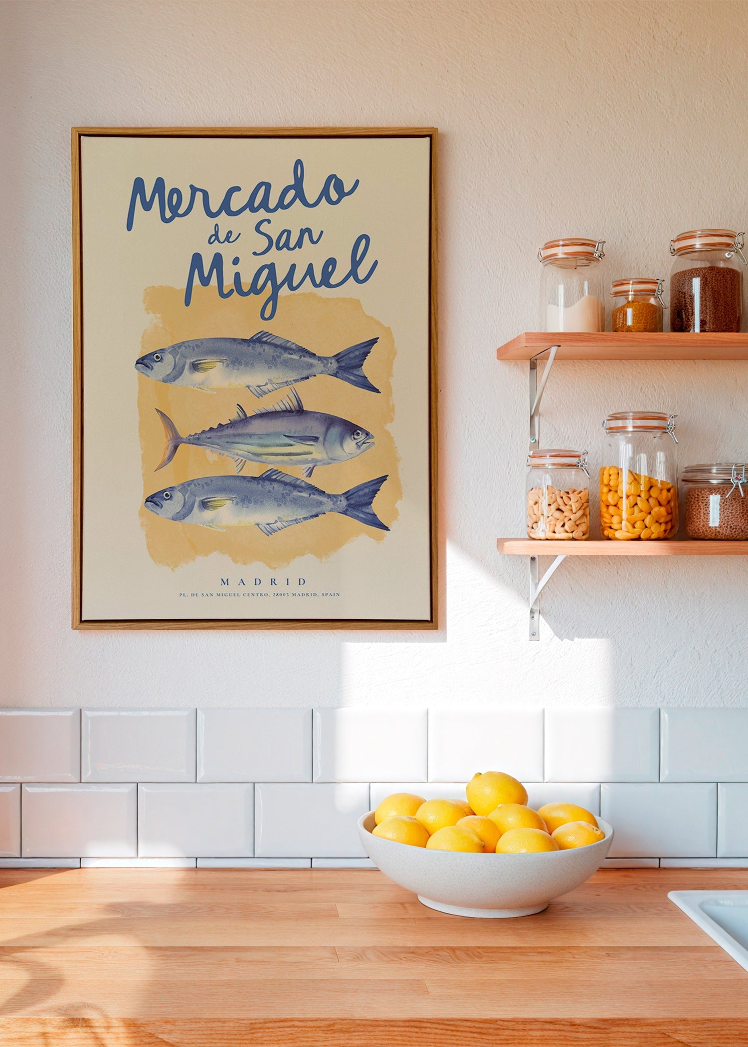 Arte para cozinha Mercado de San Miguel com peixes azuis