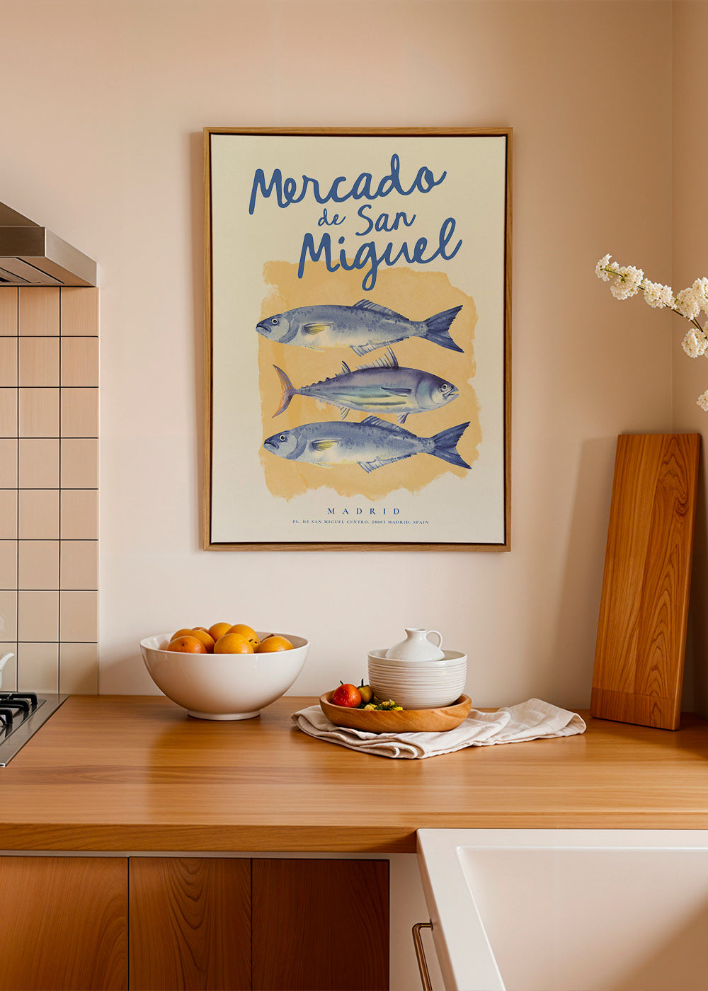 Arte para cozinha Mercado de San Miguel com peixes azuis