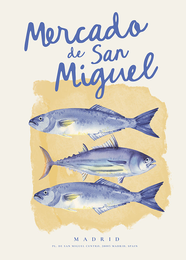 Arte para cozinha Mercado de San Miguel com peixes azuis
