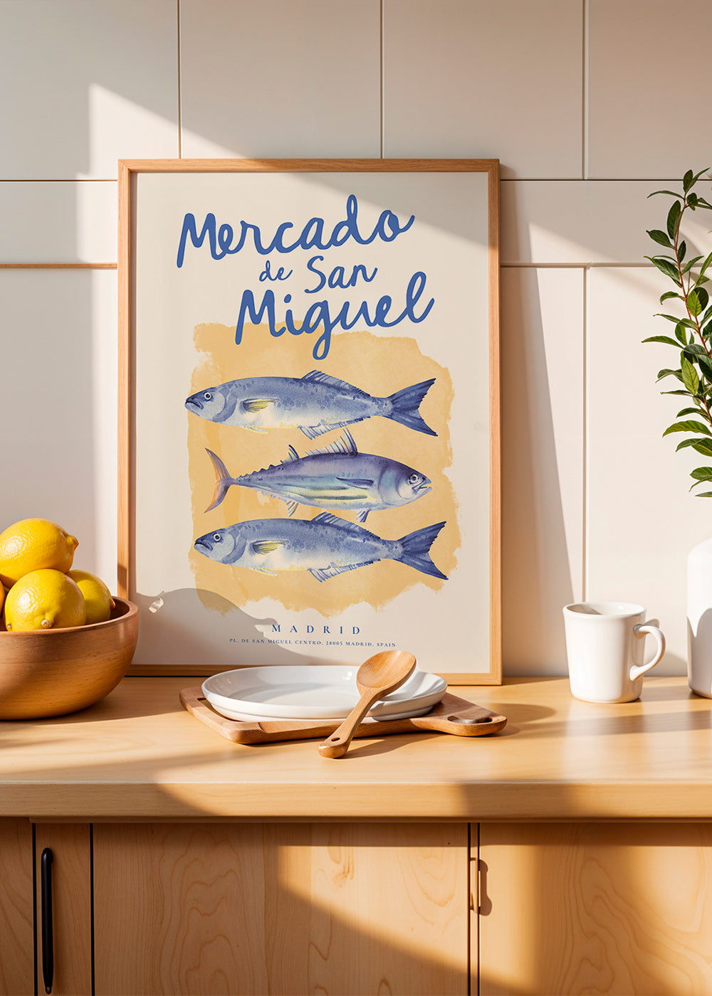 Arte para cozinha Mercado de San Miguel com peixes azuis
