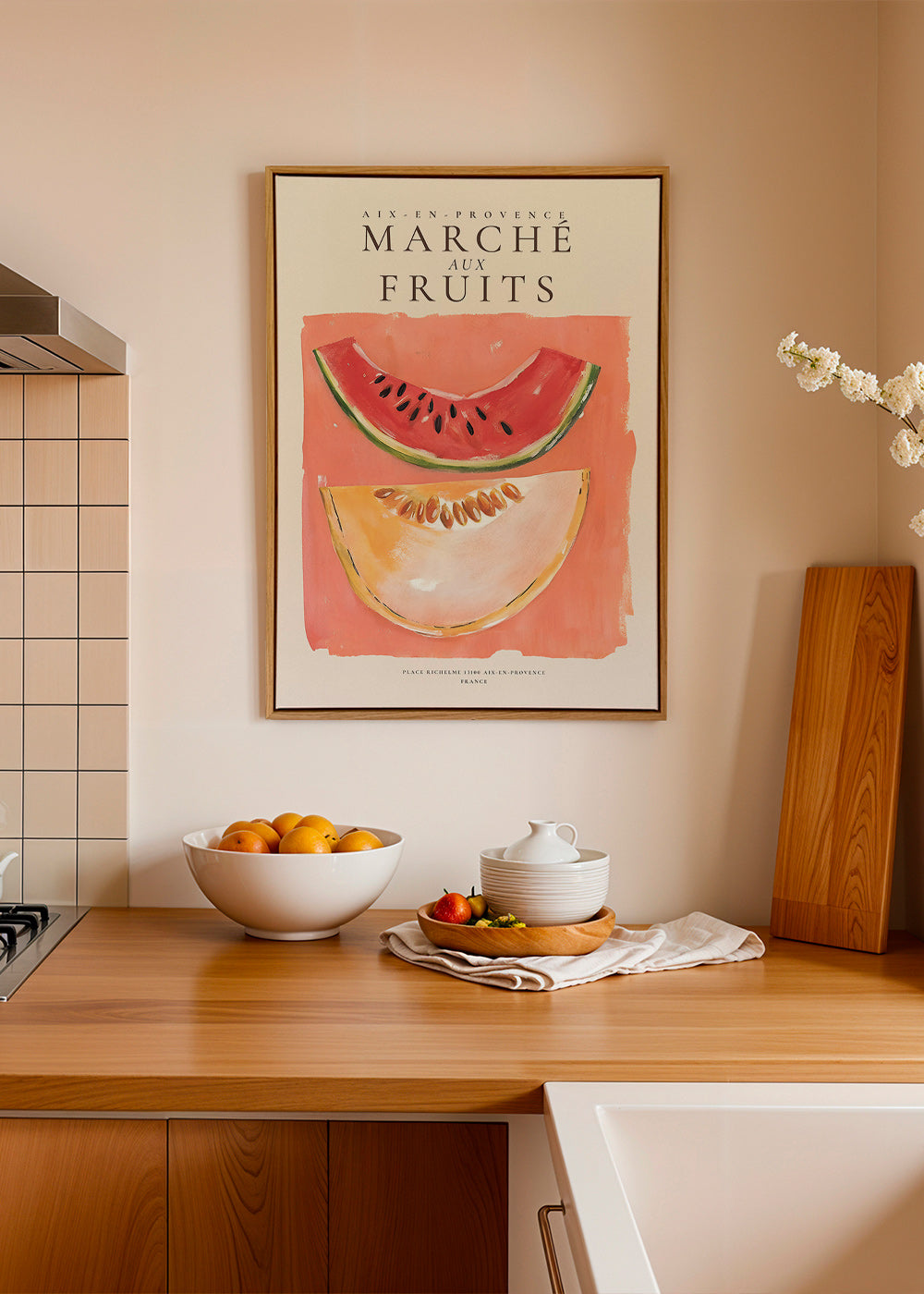 Arte para cozinha Mercado de Frutas com melão e melancia