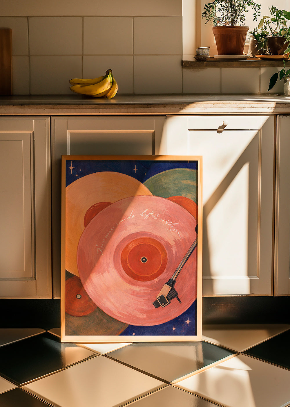 Ilustração vinil rosa com braço de gira-discos