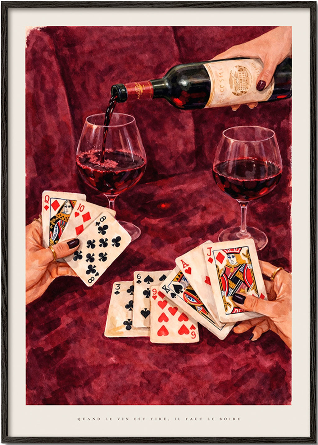 Arte para cozinha com cartas e vinho tinto