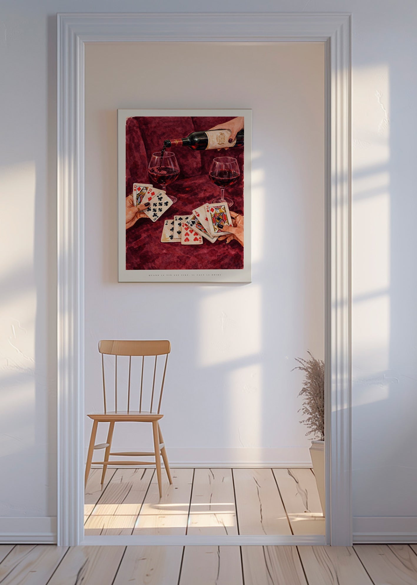 Arte para cozinha com cartas e vinho tinto