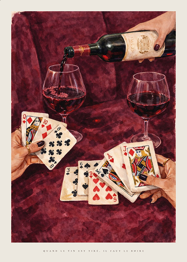 Arte para cozinha com cartas e vinho tinto