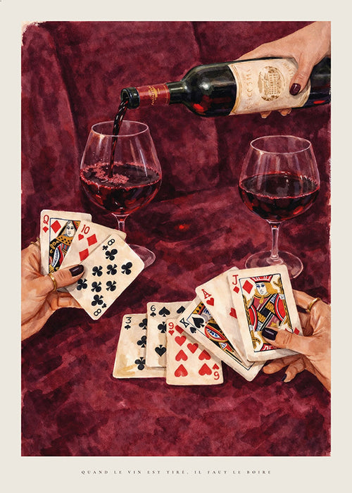 Arte para cozinha com cartas e vinho tinto