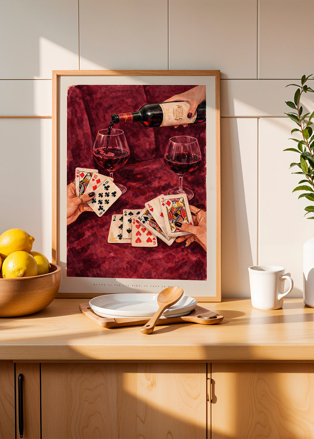 Arte para cozinha com cartas e vinho tinto