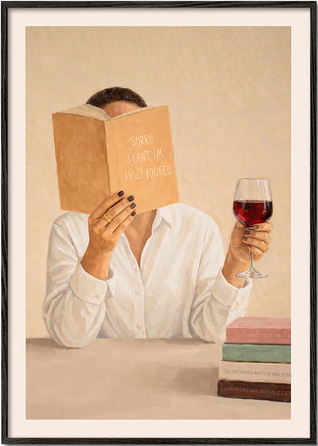 Arte para cozinha: mulher lendo com taça de vinho