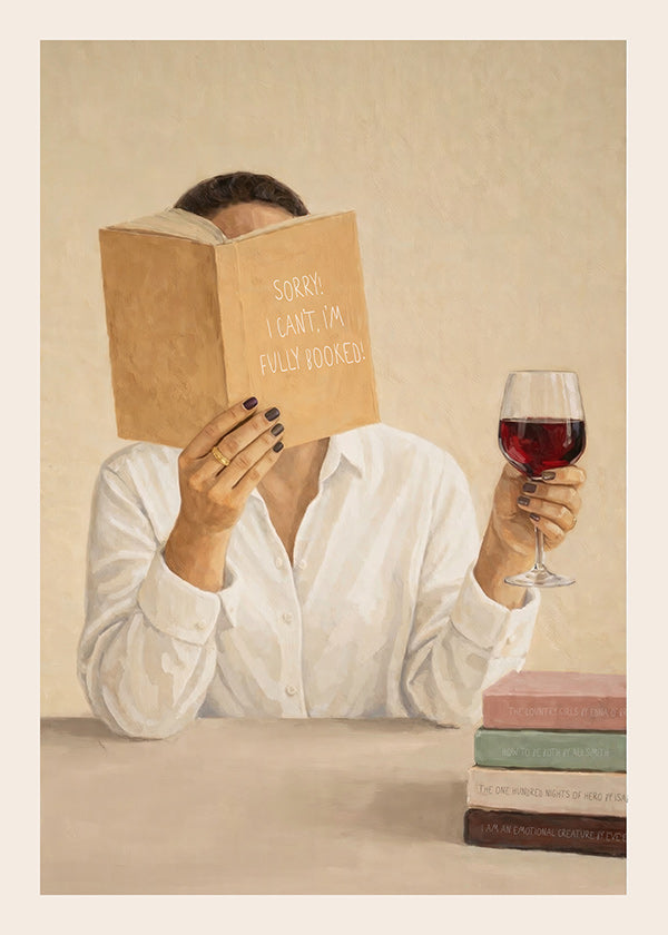 Arte para cozinha: mulher lendo com taça de vinho