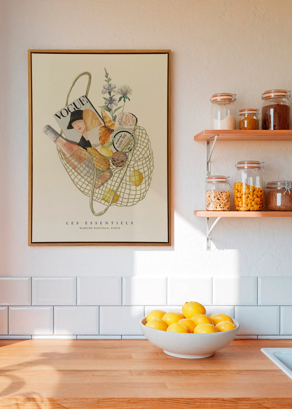 Arte para cozinha com saco de mercado ilustrado