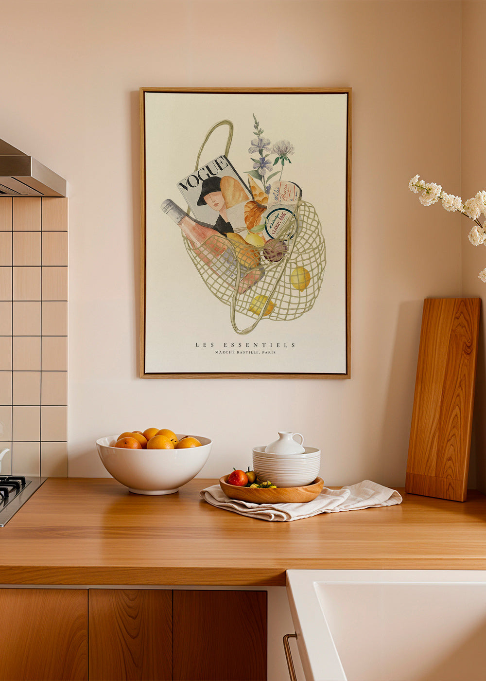 Arte para cozinha com saco de mercado ilustrado