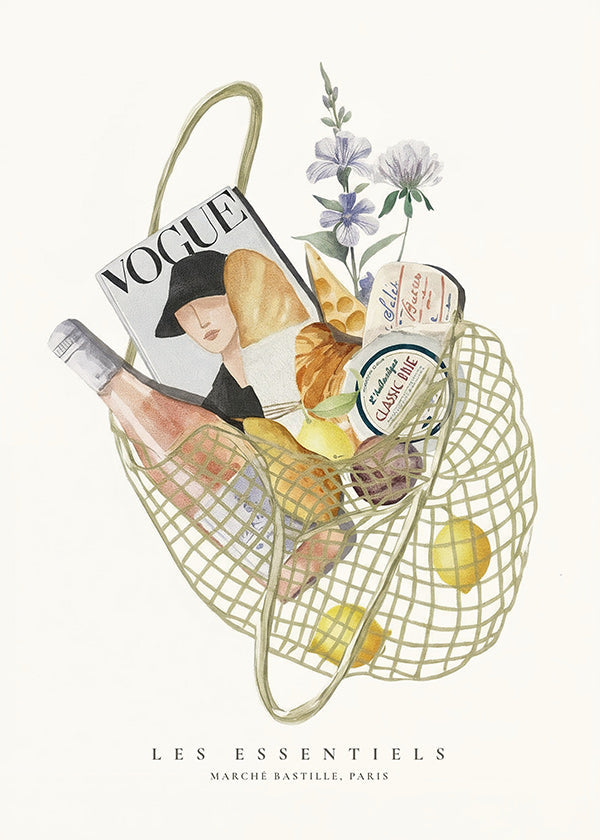 Arte para cozinha com saco de mercado ilustrado