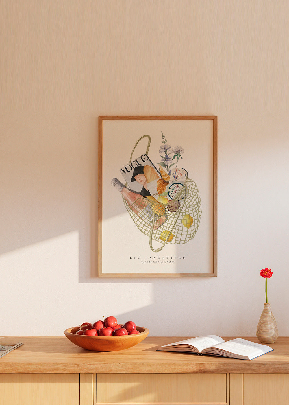 Arte para cozinha com saco de mercado ilustrado
