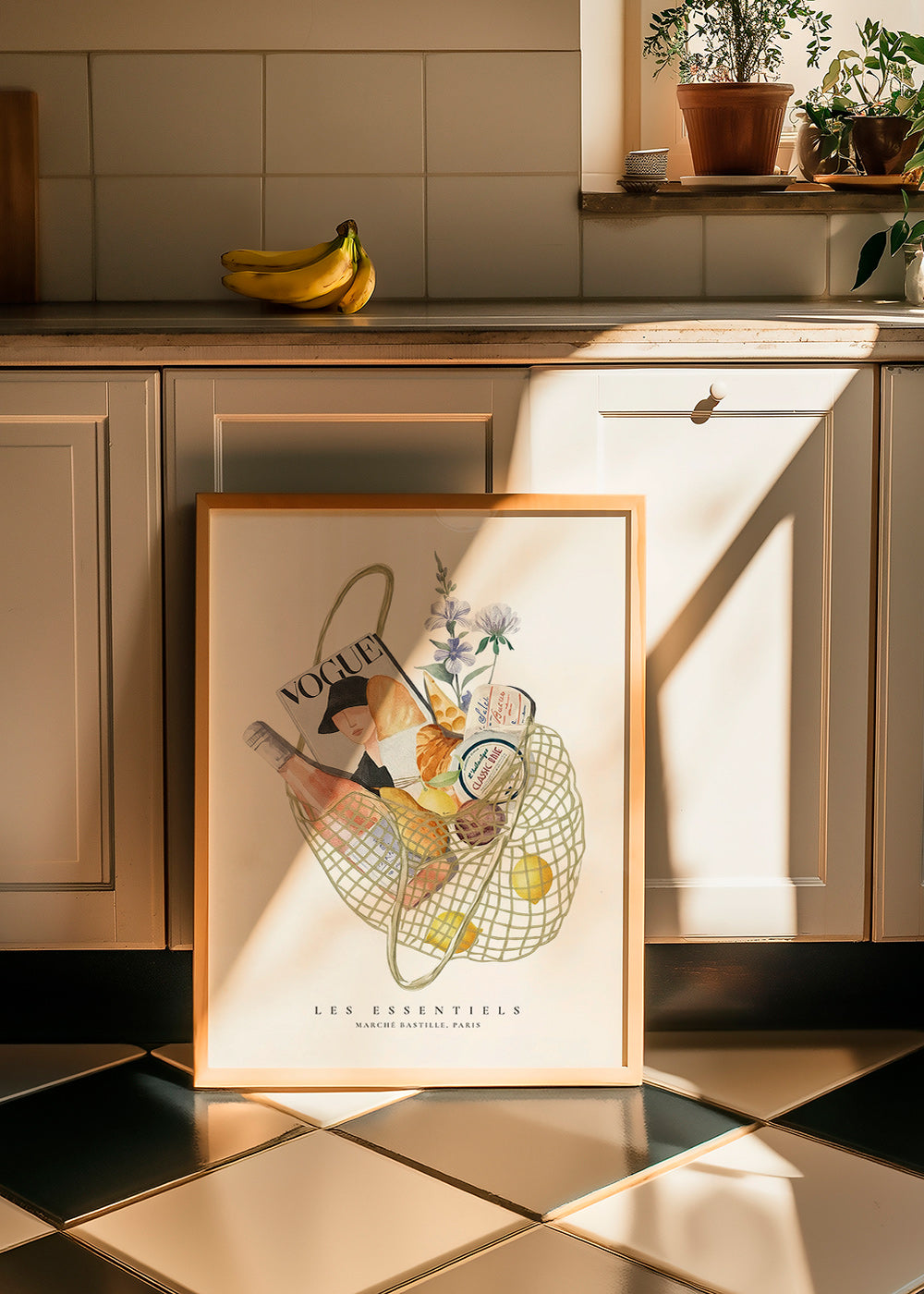 Arte para cozinha com saco de mercado ilustrado