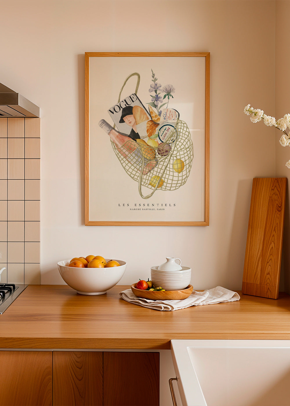 Arte para cozinha com saco de mercado ilustrado