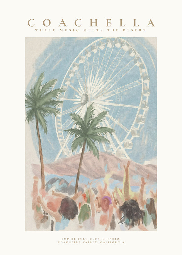 Ilustração Coachella com roda-gigante e palmeiras