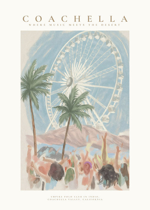 Ilustração Coachella com roda-gigante e palmeiras