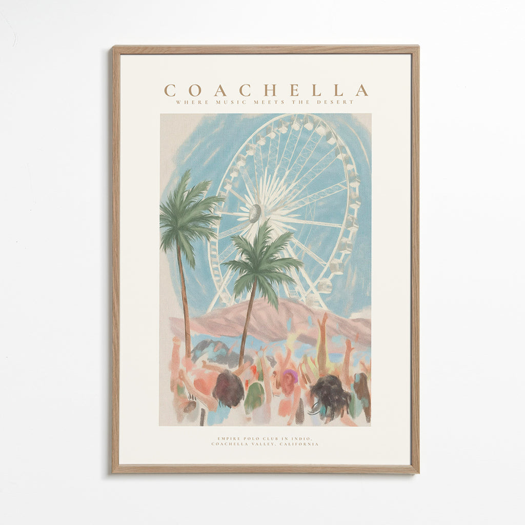Ilustração Coachella com roda-gigante e palmeiras