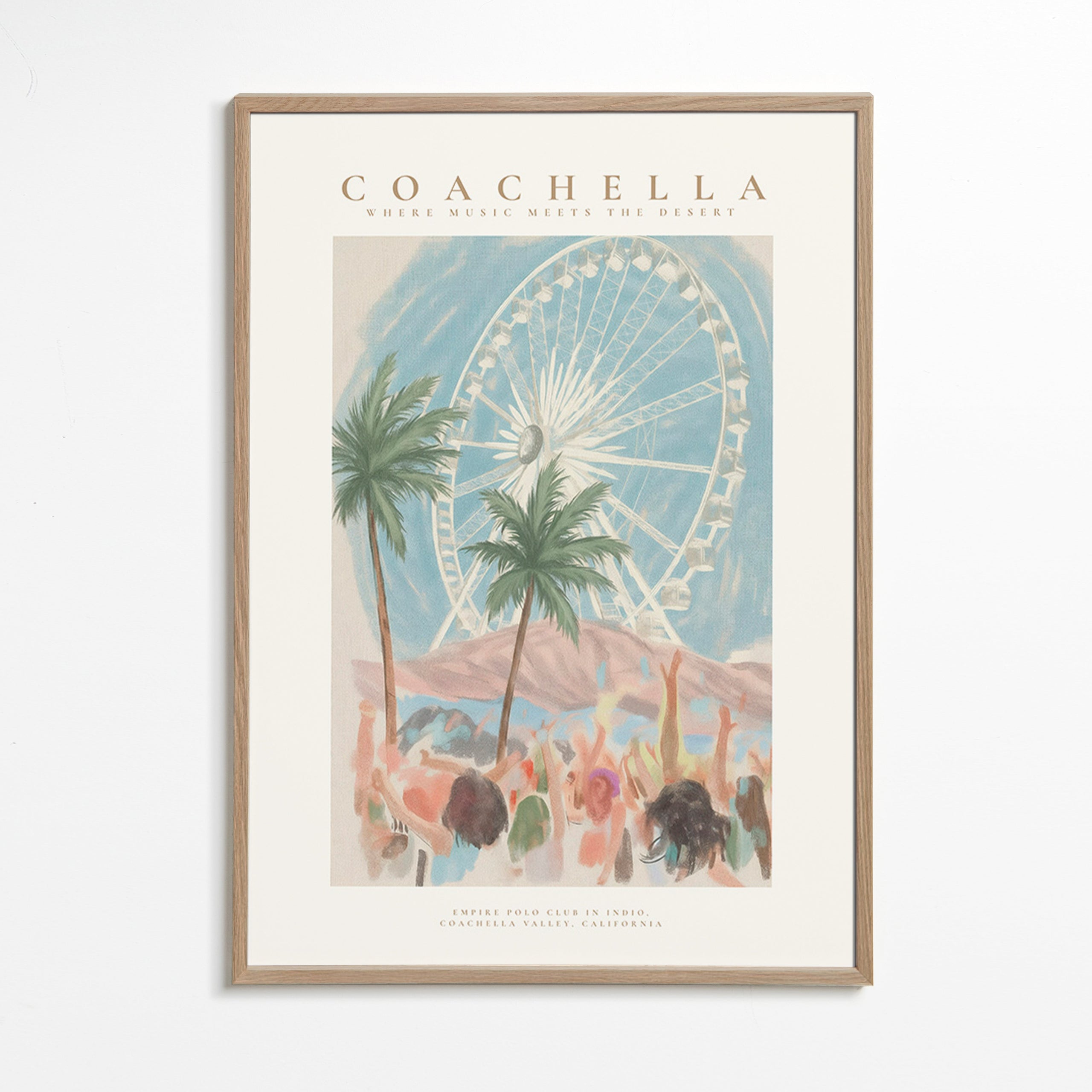 Ilustração Coachella com roda-gigante e palmeiras