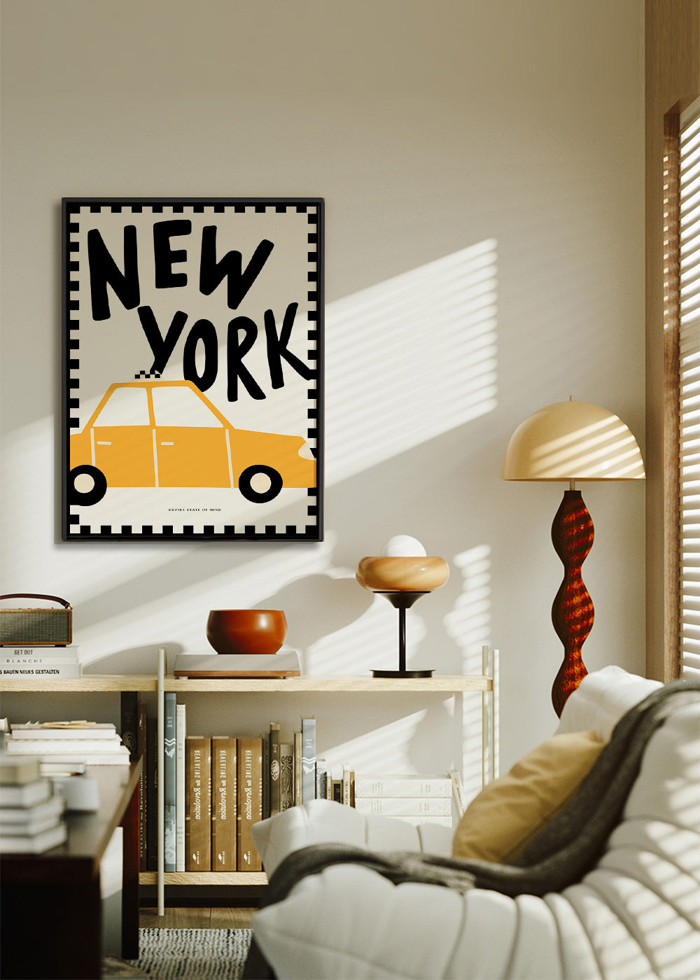 Poster de cidade New York táxi com tipografia marcante