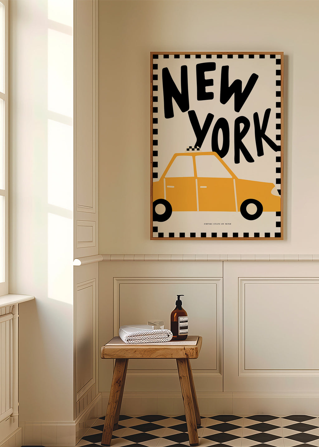 Poster de cidade New York táxi com tipografia marcante
