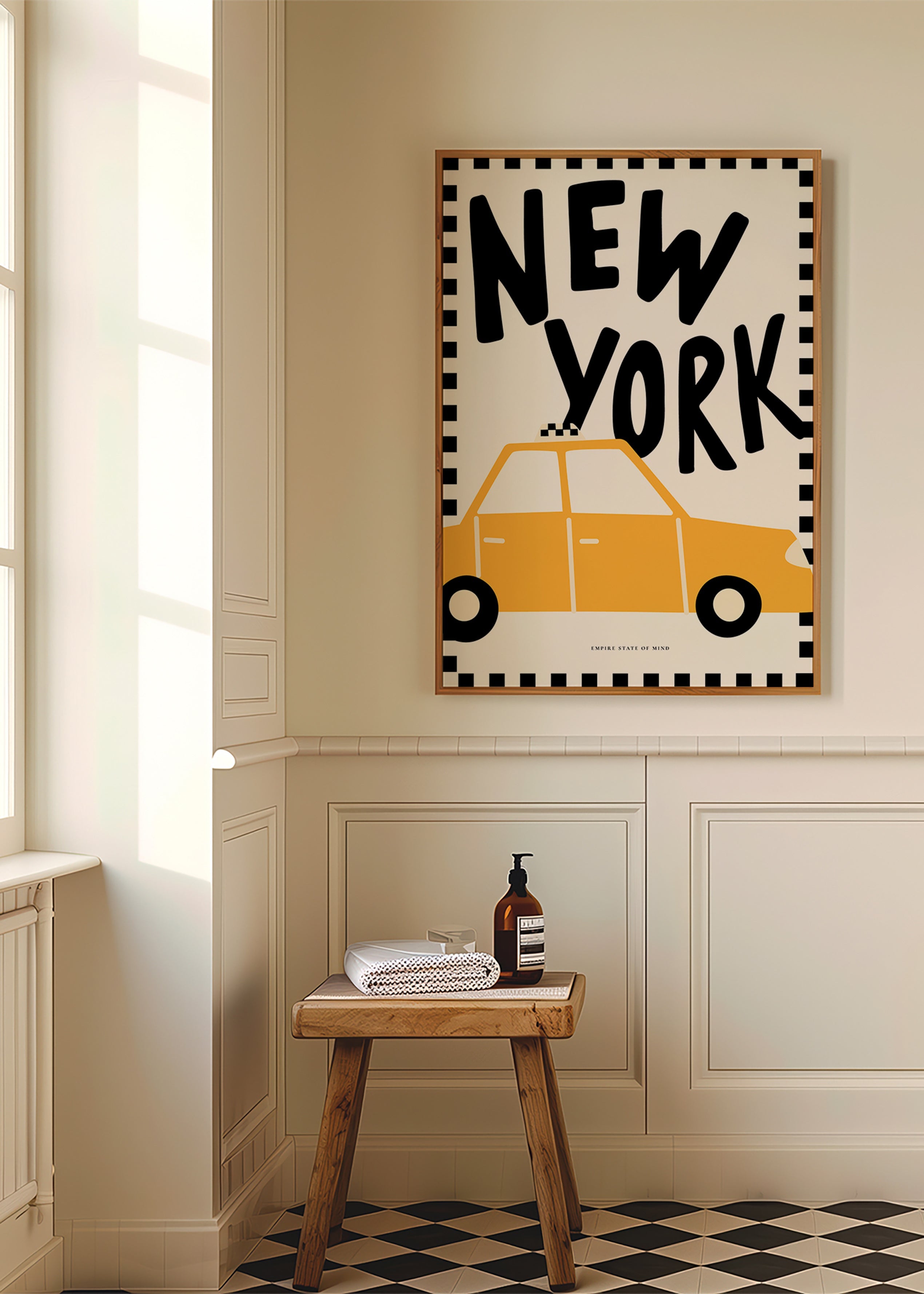 Poster de cidade New York táxi com tipografia marcante