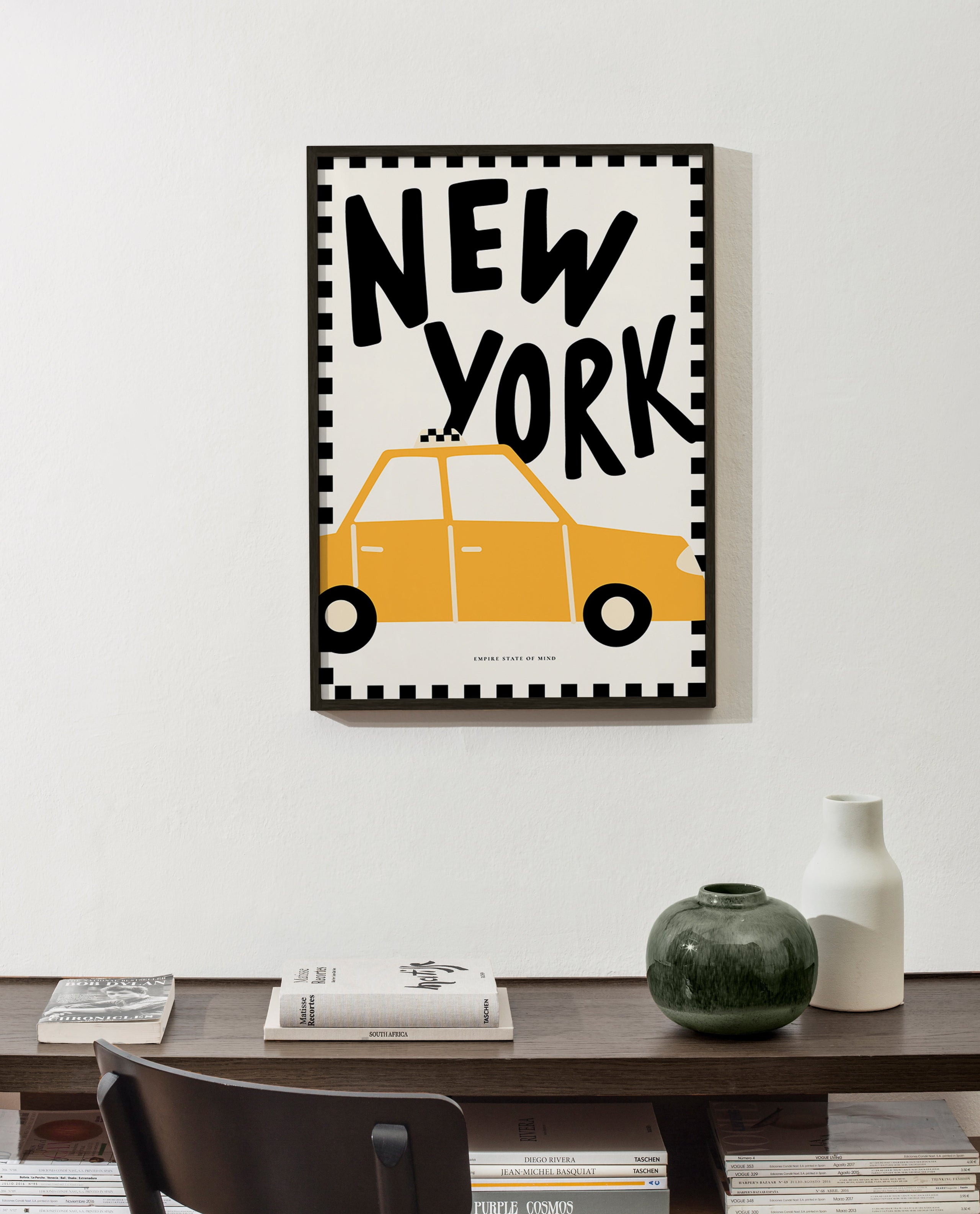 Poster de cidade New York táxi com tipografia marcante