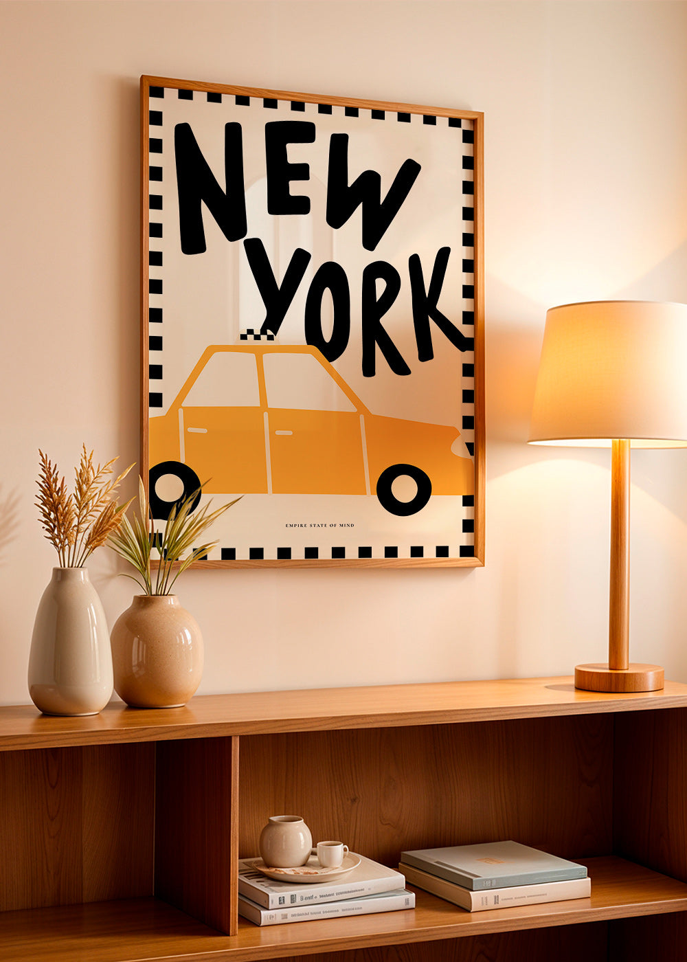 Poster de cidade New York táxi com tipografia marcante