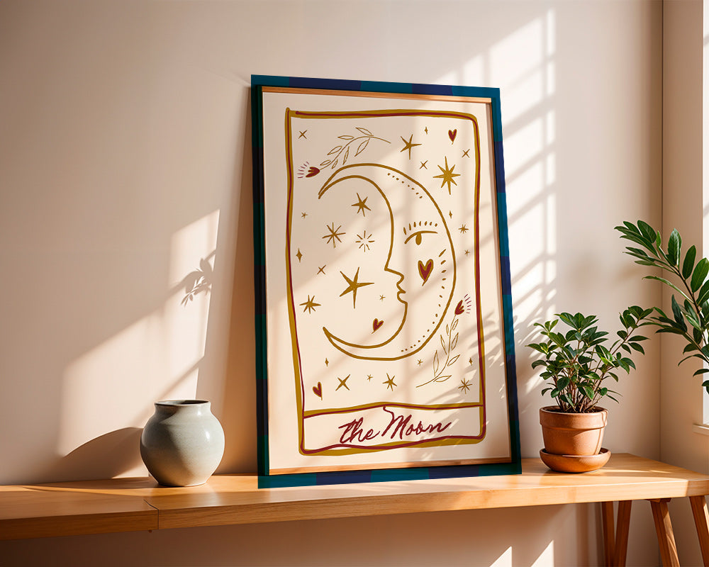 Ilustração da lua com rosto e estrelas
