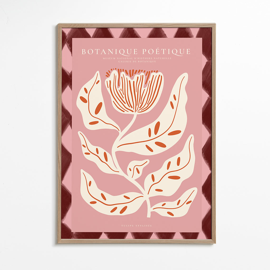 Estampa botânica com flor estilizada rosa