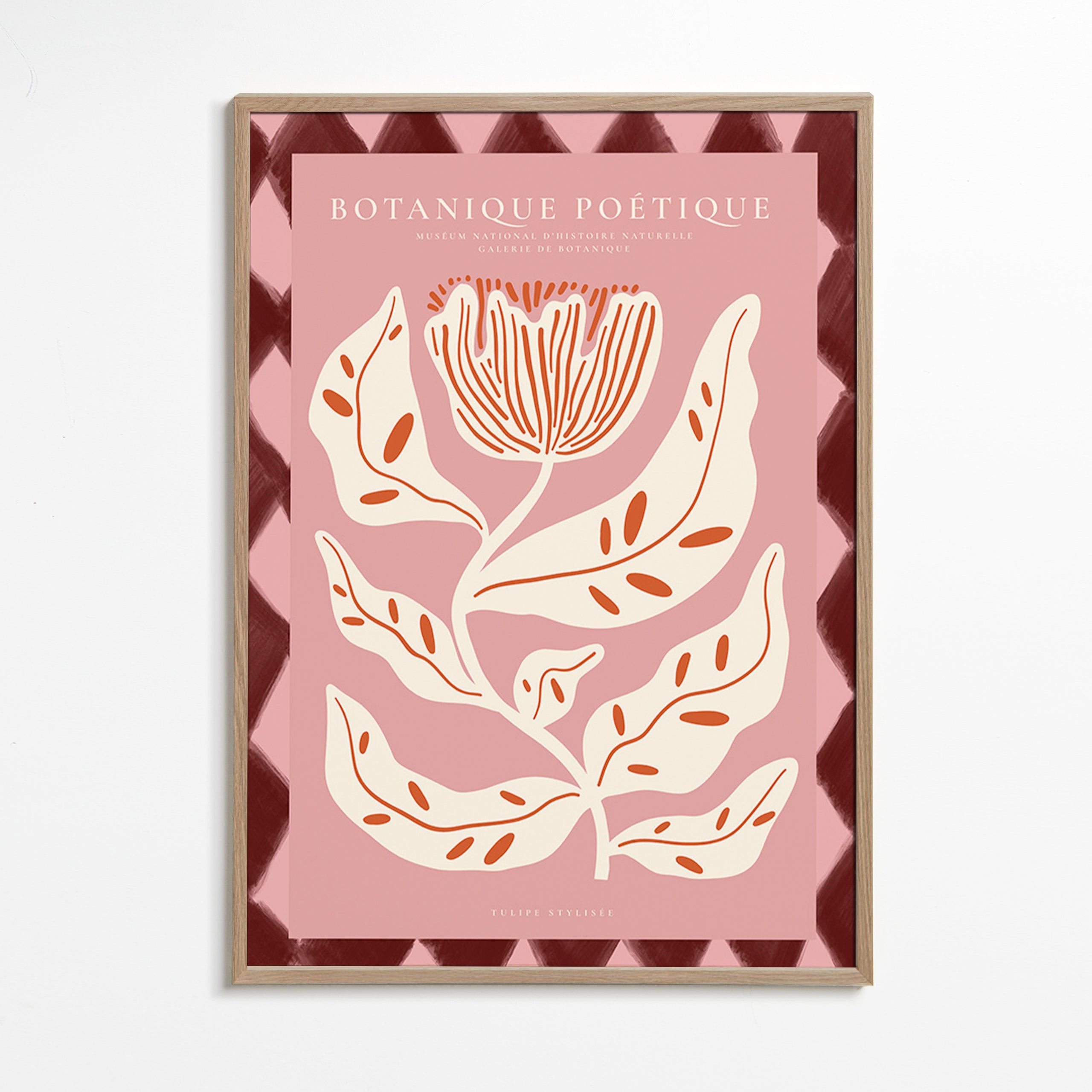 Estampa botânica com flor estilizada rosa