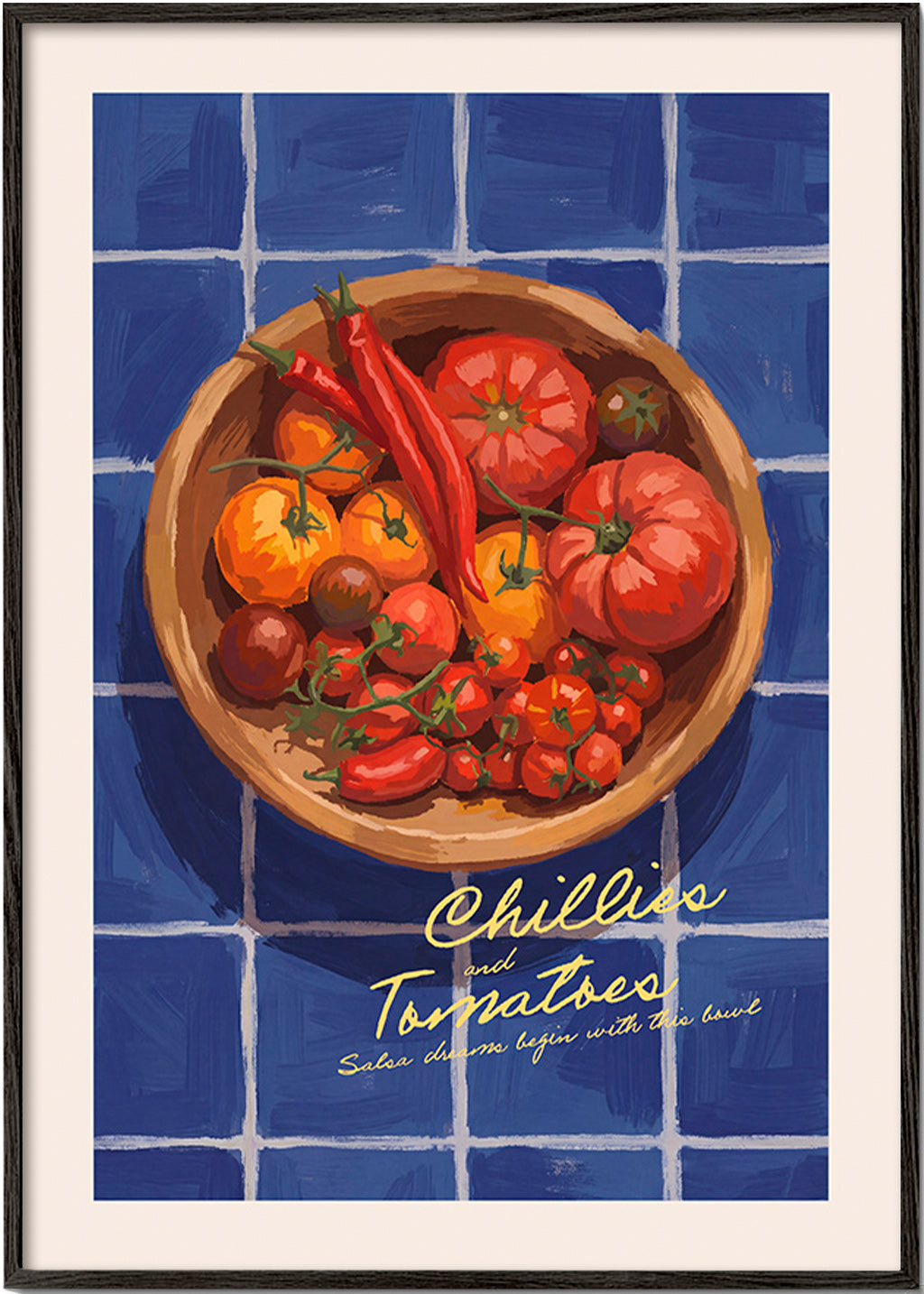 Arte para cozinha com pimentos e tomates ilustrados