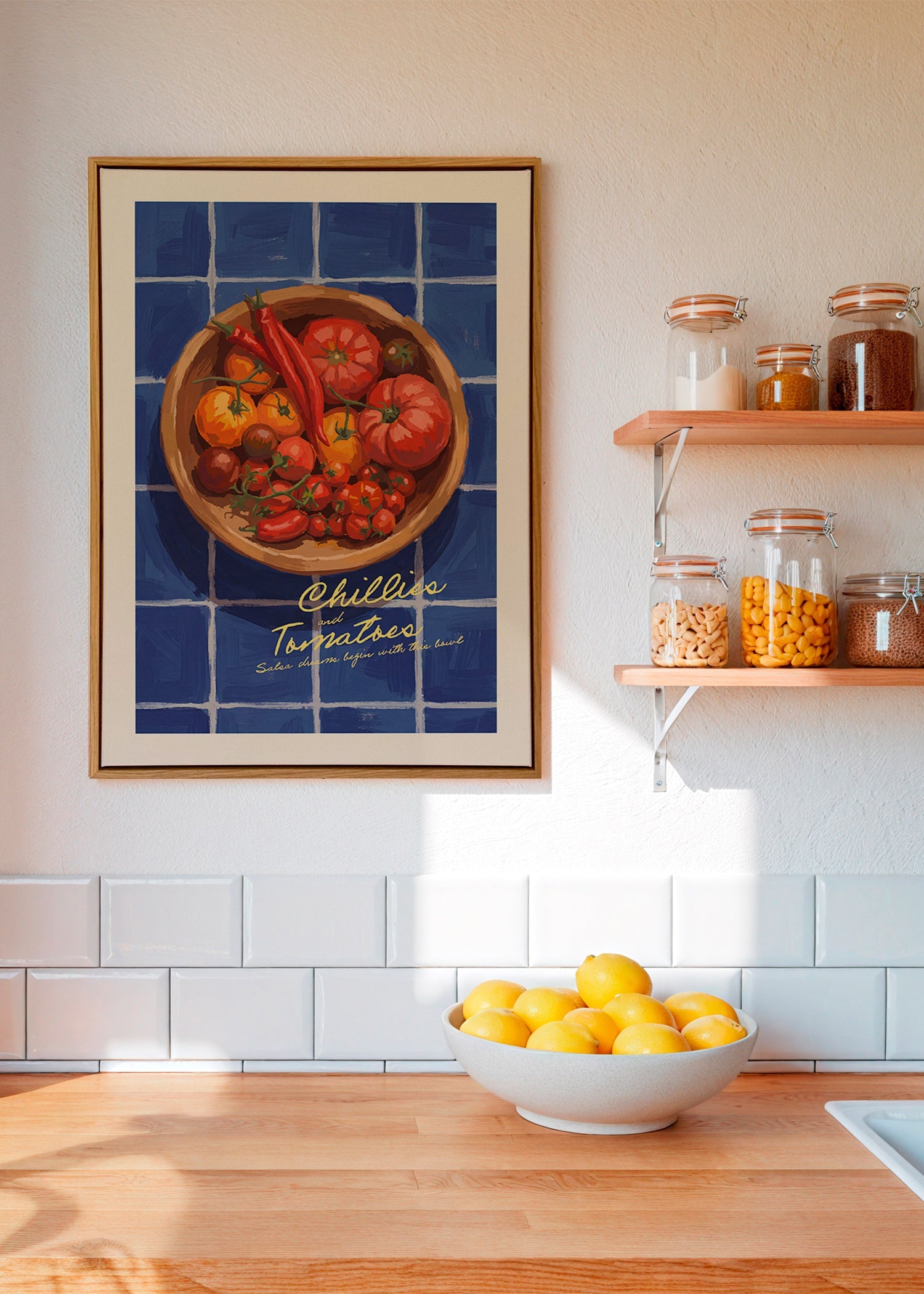 Arte para cozinha com pimentos e tomates ilustrados