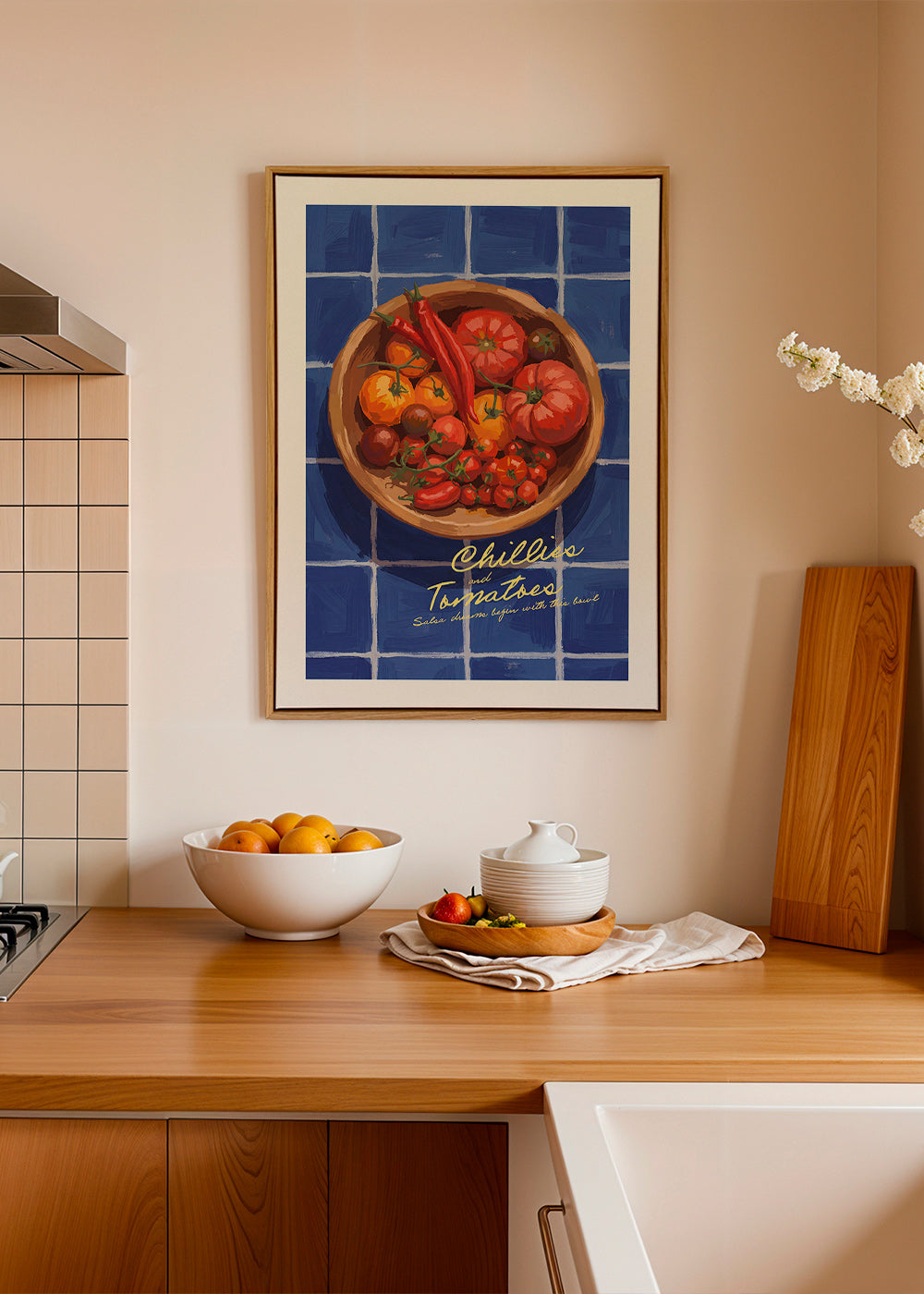 Arte para cozinha com pimentos e tomates ilustrados