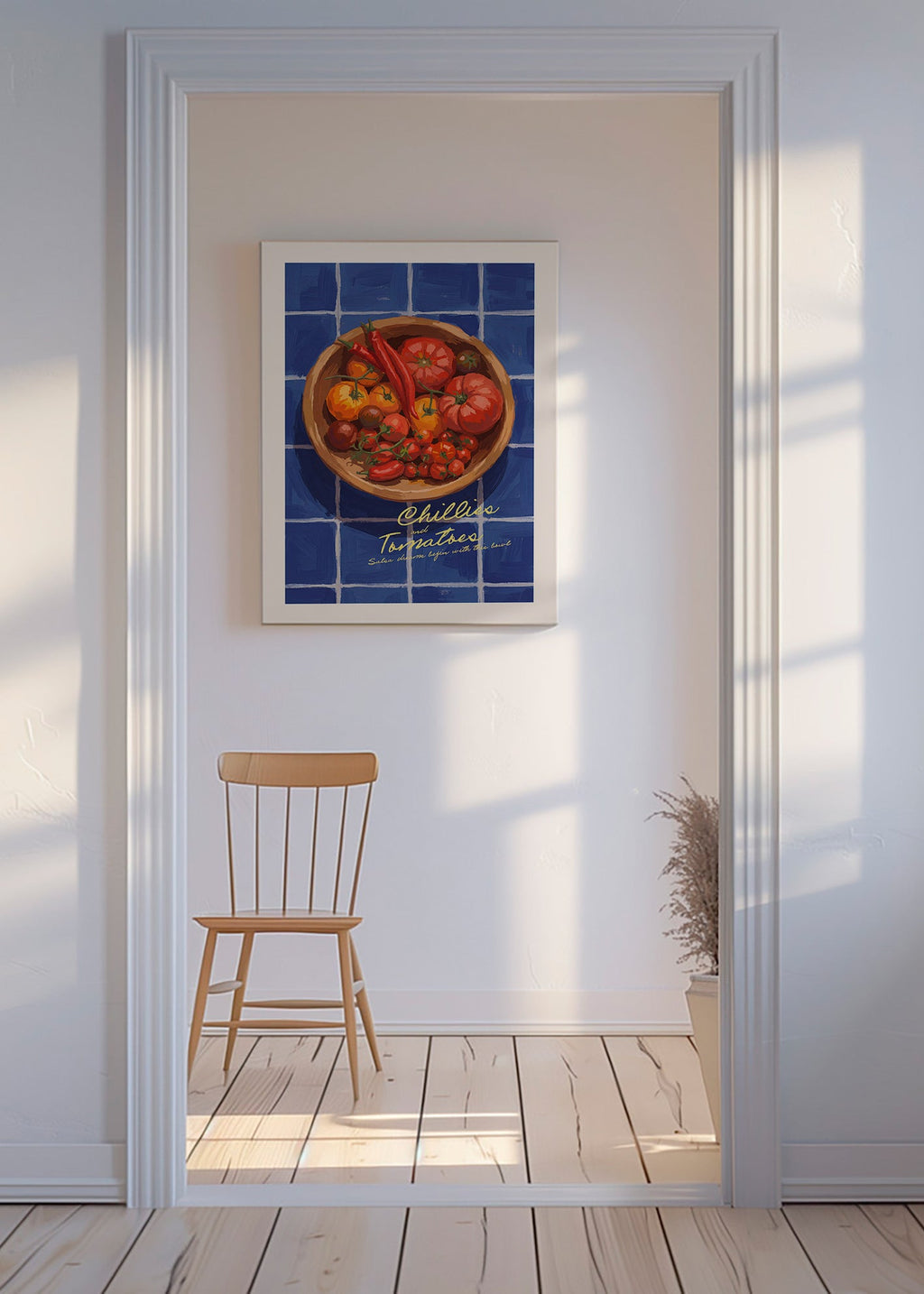 Arte para cozinha com pimentos e tomates ilustrados