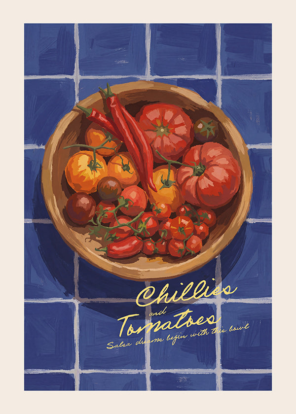 Arte para cozinha com pimentos e tomates ilustrados
