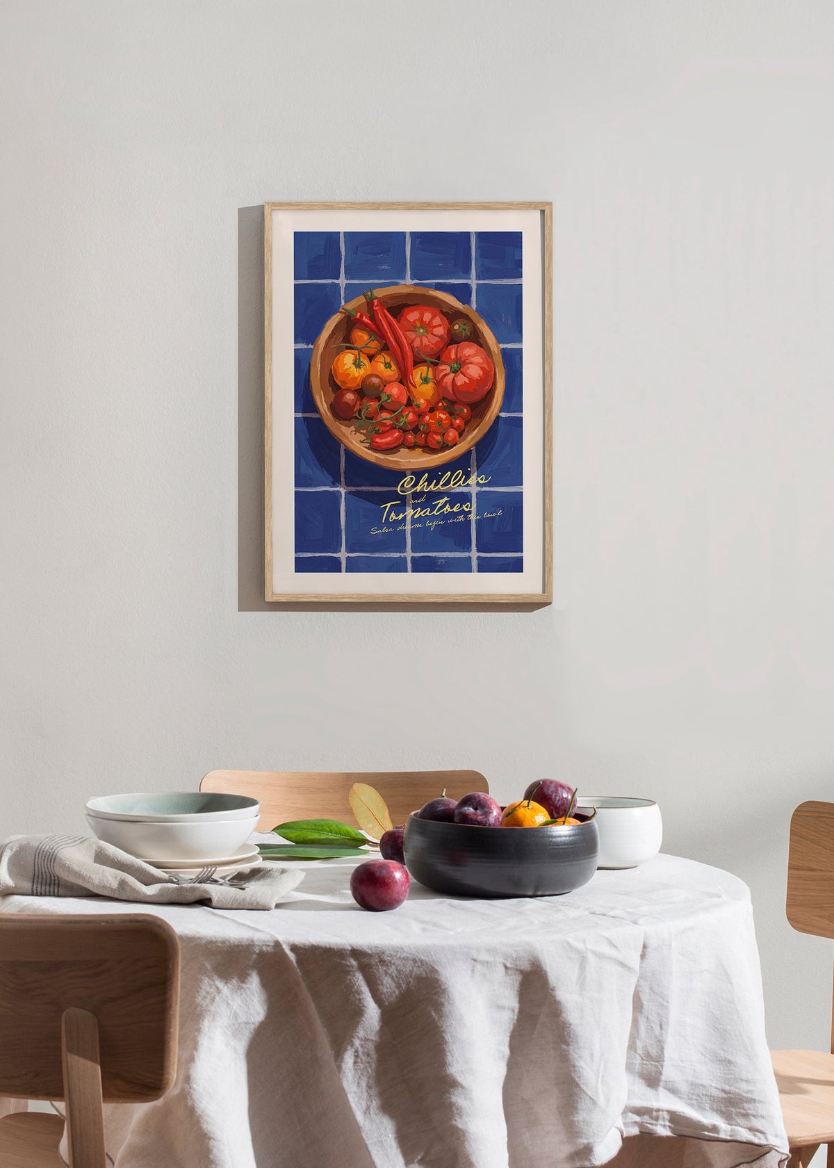 Arte para cozinha com pimentos e tomates ilustrados