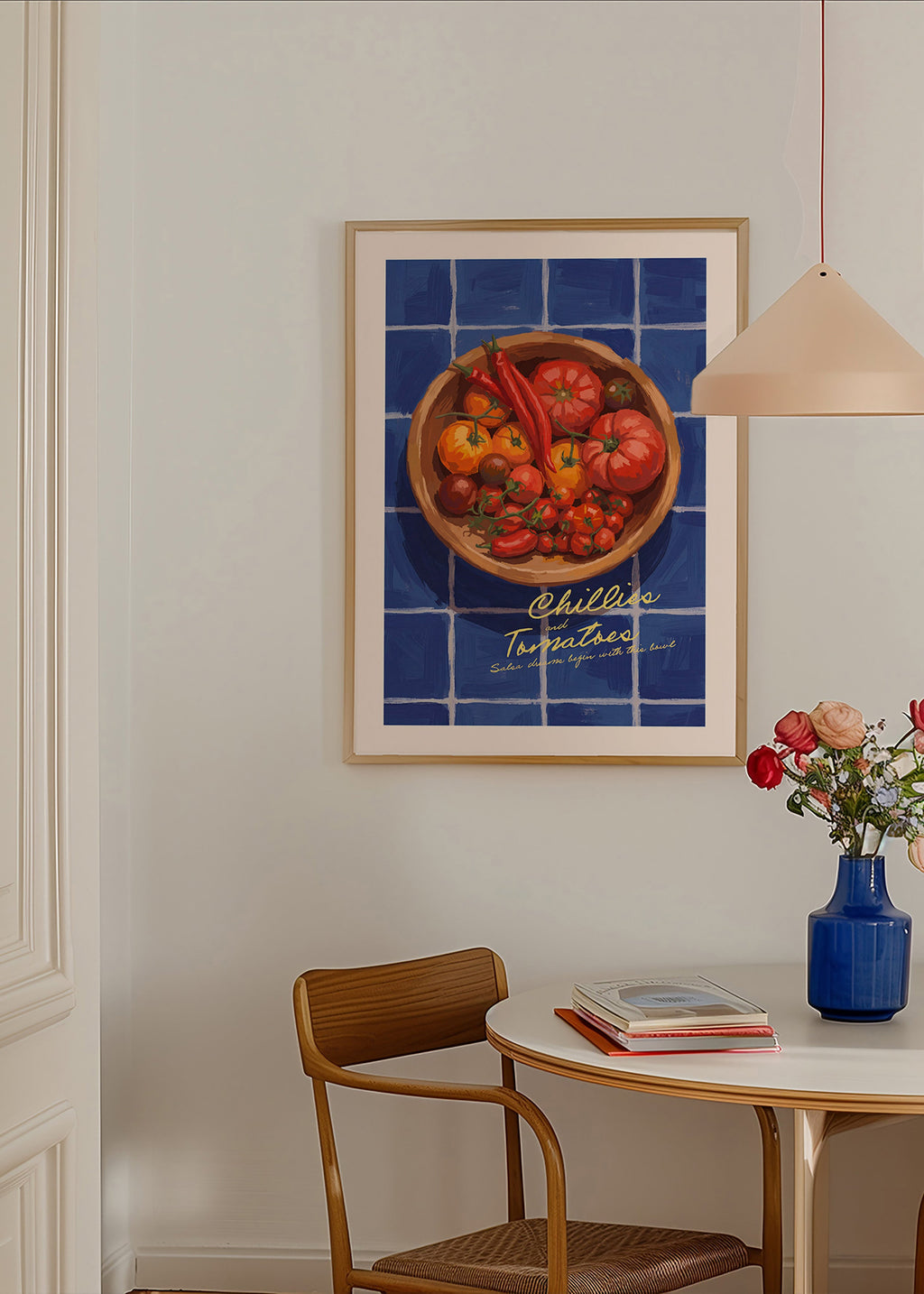 Arte para cozinha com pimentos e tomates ilustrados
