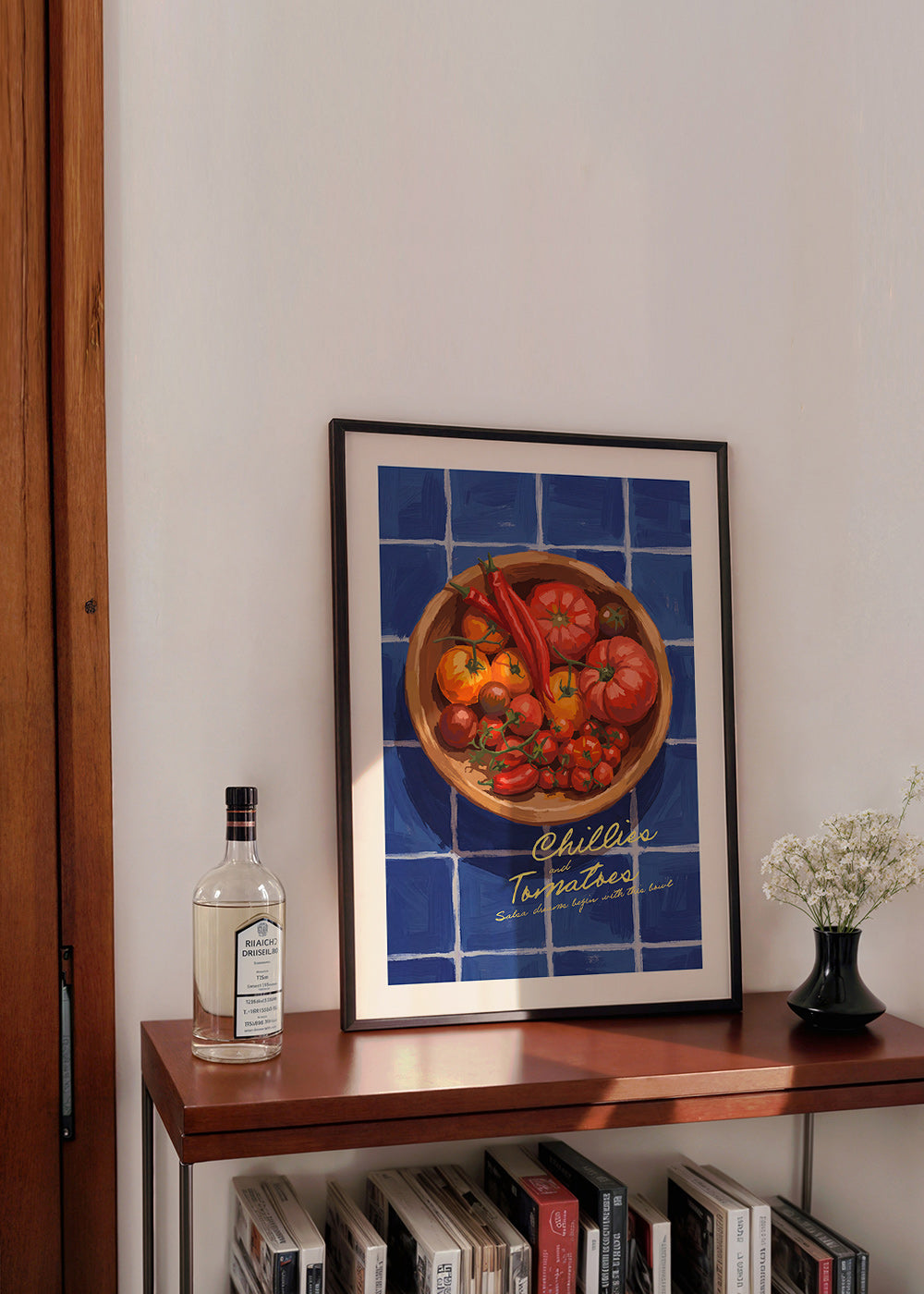 Arte para cozinha com pimentos e tomates ilustrados