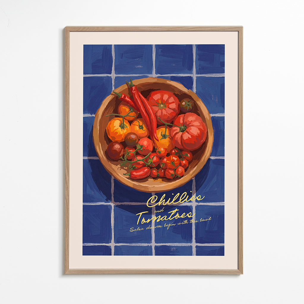 Arte para cozinha com pimentos e tomates ilustrados