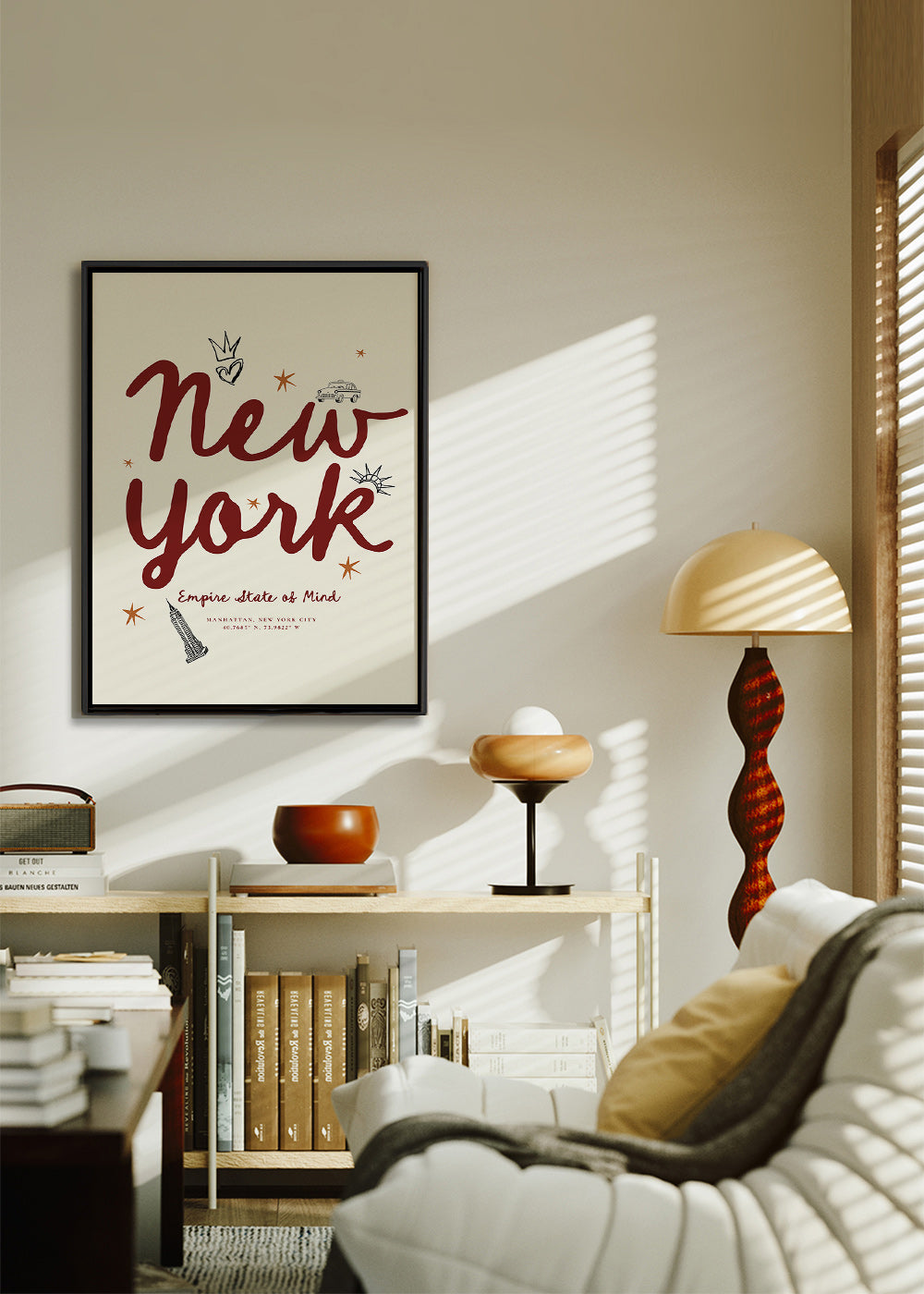 Poster de viagem New York com lettering burdeos