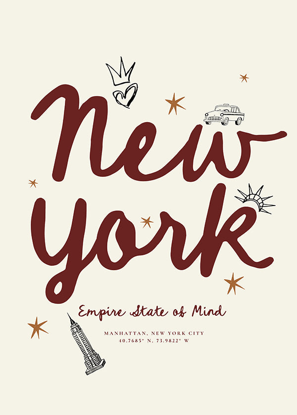 Poster de viagem New York com lettering burdeos