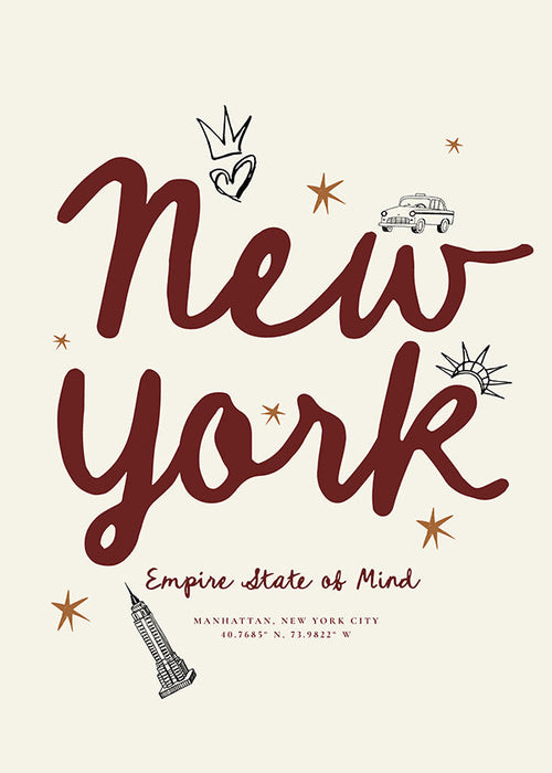 Poster de viagem New York com lettering burdeos