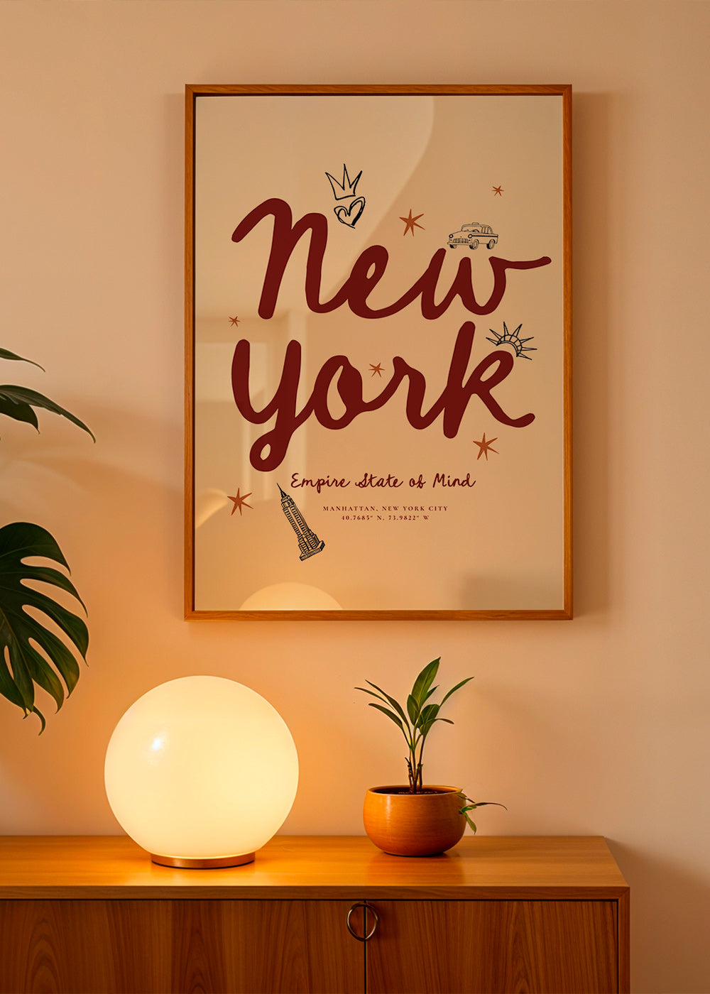 Poster de viagem New York com lettering burdeos